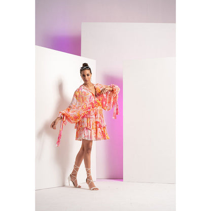 MANDIRA WIRK Orange Fancy Fusion Floral Short Tiered Mini Dress