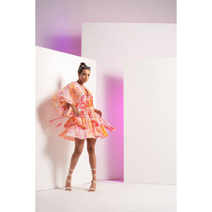 MANDIRA WIRK Orange Fancy Fusion Floral Short Tiered Mini Dress