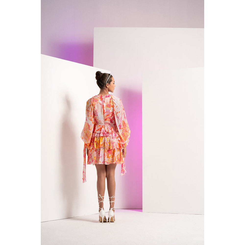 MANDIRA WIRK Orange Fancy Fusion Floral Short Tiered Mini Dress