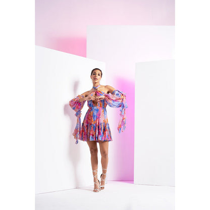 MANDIRA WIRK Blue Floral Camo Short Mini Dress