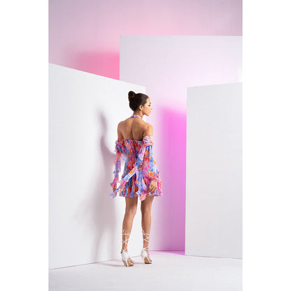 MANDIRA WIRK Blue Floral Camo Short Mini Dress