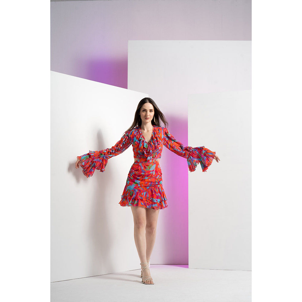 MANDIRA WIRK Red Printed Mesh Ruffle At Neck Short Mini Dress