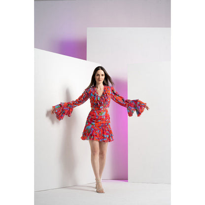 MANDIRA WIRK Red Printed Mesh Ruffle At Neck Short Mini Dress