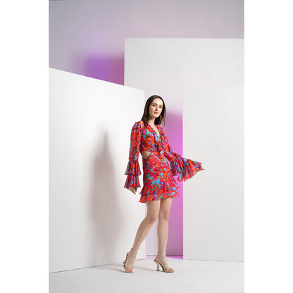 MANDIRA WIRK Red Printed Mesh Ruffle At Neck Short Mini Dress