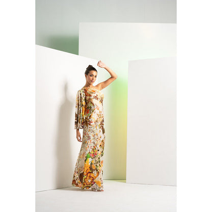 MANDIRA WIRK Ochre Floral Rush Printed Satin One Shoulder Maxi Dress
