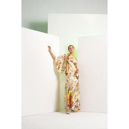 MANDIRA WIRK Ochre Floral Rush Printed Satin One Shoulder Maxi Dress