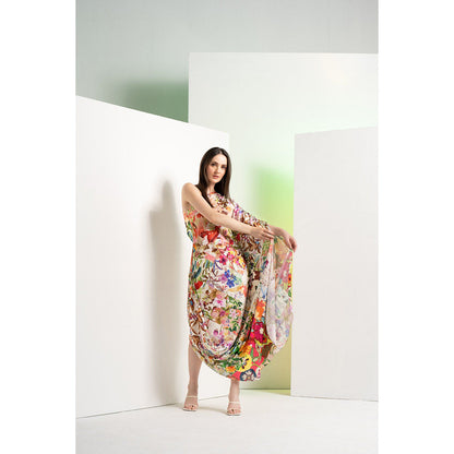 MANDIRA WIRK Ochre Multi-Colour Floral Rush Printed Satin One Shoulder Maxi Dress