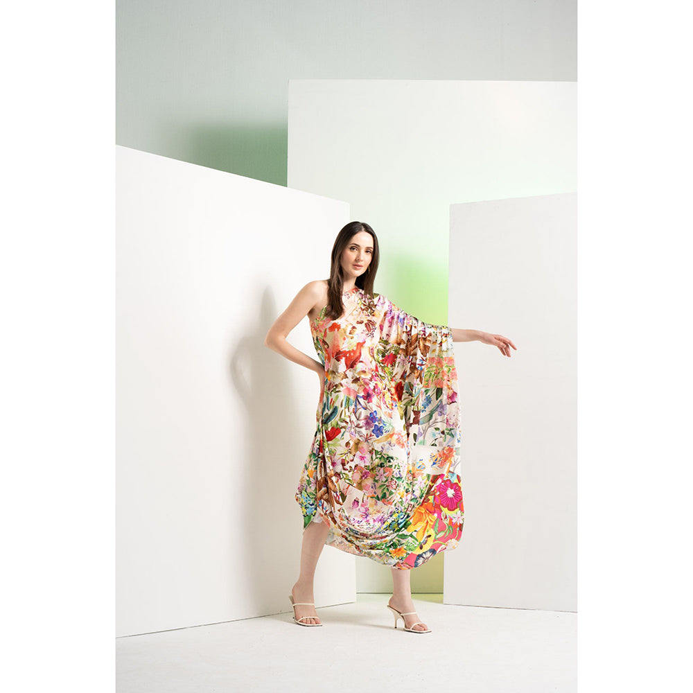 MANDIRA WIRK Ochre Multi-Colour Floral Rush Printed Satin One Shoulder Maxi Dress