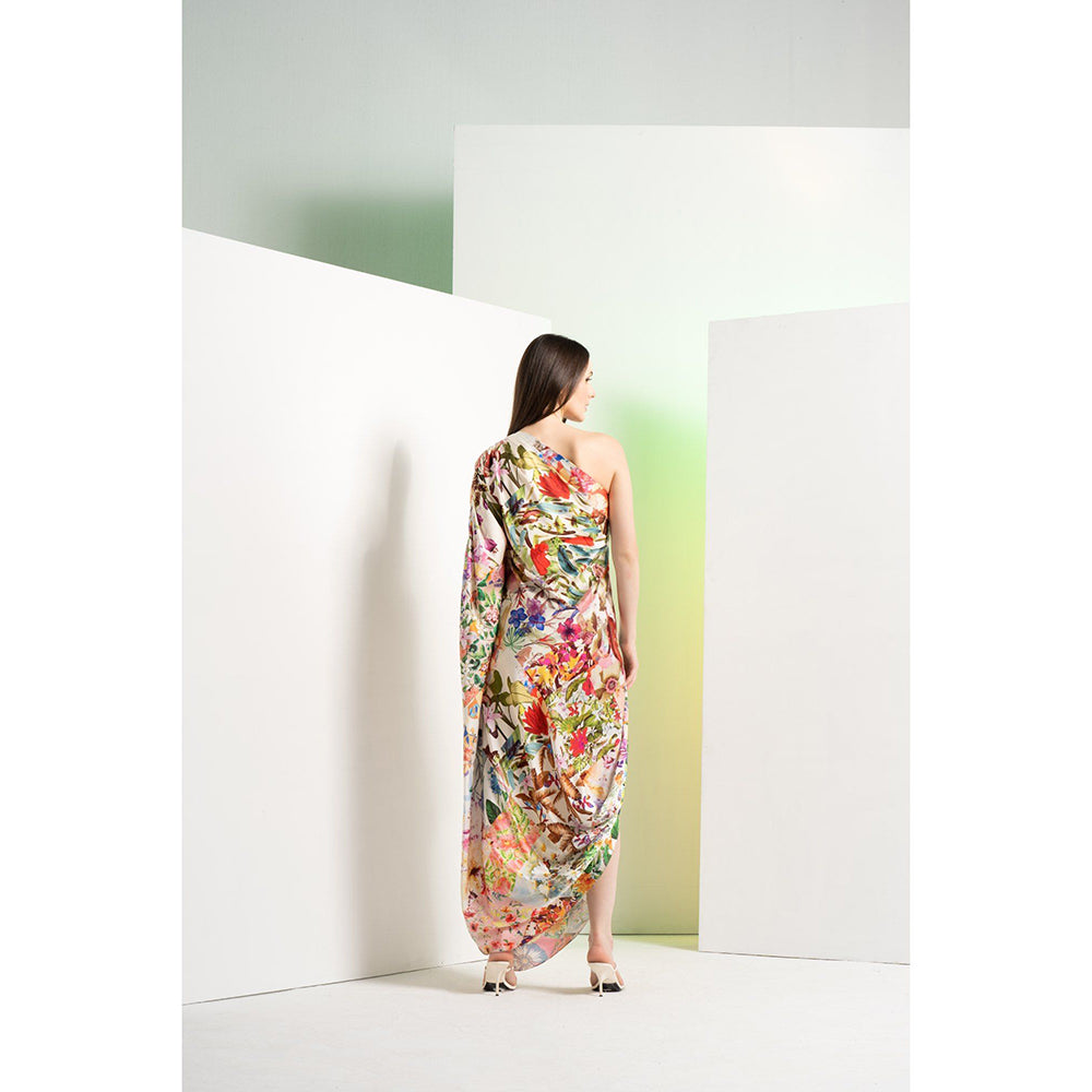 MANDIRA WIRK Ochre Multi-Colour Floral Rush Printed Satin One Shoulder Maxi Dress