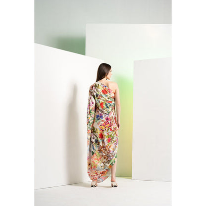 MANDIRA WIRK Ochre Multi-Colour Floral Rush Printed Satin One Shoulder Maxi Dress