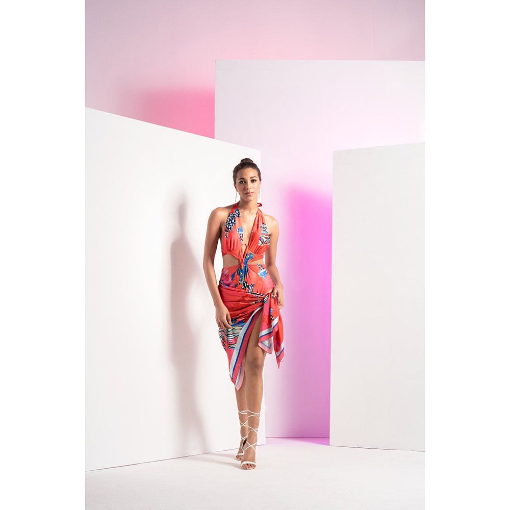 MANDIRA WIRK Fiery Red Floral Printed Body Suit With A Satin Wrap (Set of 2)