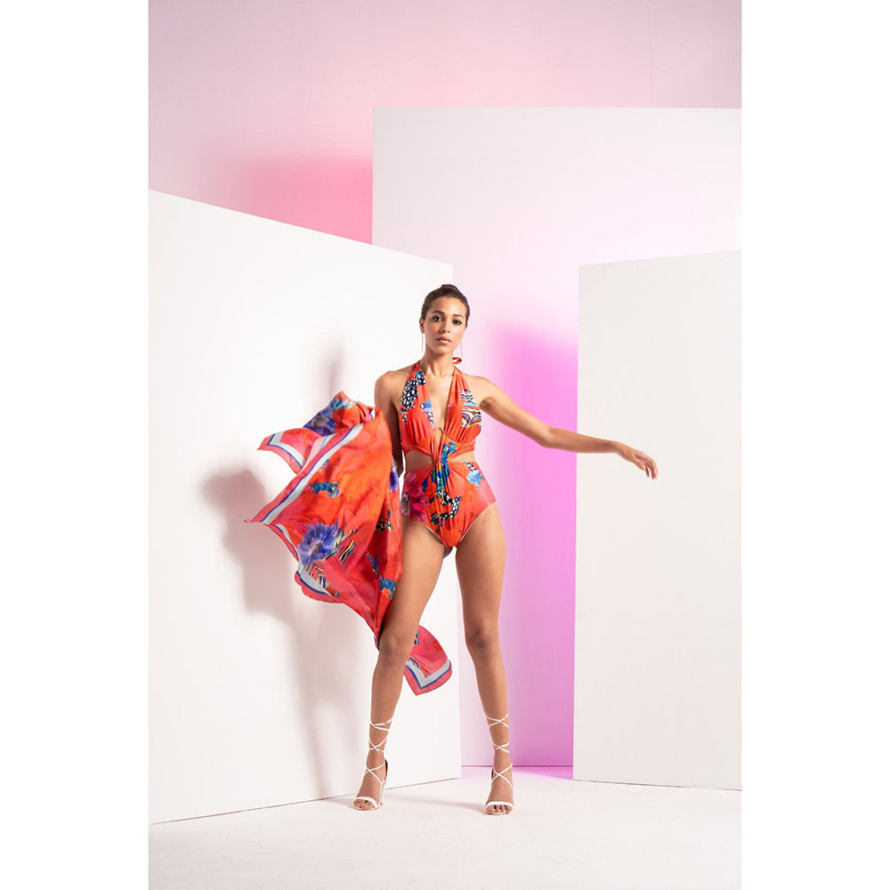 MANDIRA WIRK Fiery Red Floral Printed Body Suit With A Satin Wrap (Set of 2)