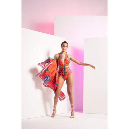 MANDIRA WIRK Fiery Red Floral Printed Body Suit With A Satin Wrap (Set of 2)