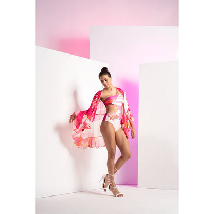 MANDIRA WIRK Pink Abstract Muse One Shoulder Body Suit With Chiffon Cape (Set of 2)