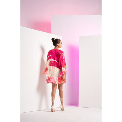 MANDIRA WIRK Pink Abstract Muse One Shoulder Body Suit With Chiffon Cape (Set of 2)