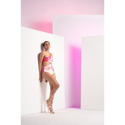 MANDIRA WIRK Pink Abstract Muse One Shoulder Body Suit With Chiffon Cape (Set of 2)