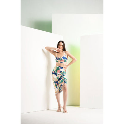 MANDIRA WIRK Multi-Colour Top With Shorts & Side Rushed Skirt (Set of 2)