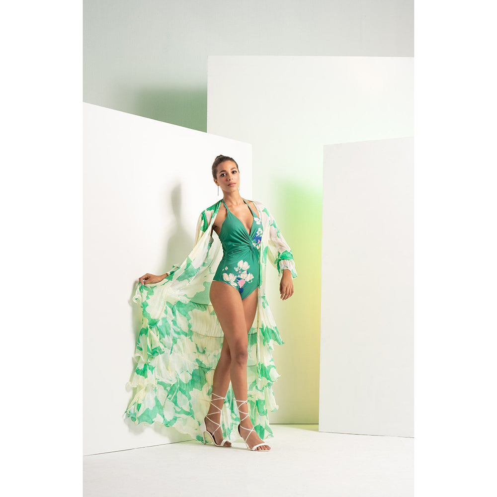 MANDIRA WIRK Green Bee Vibes Body Suit With Chiffon Long Cape (Set of 2)