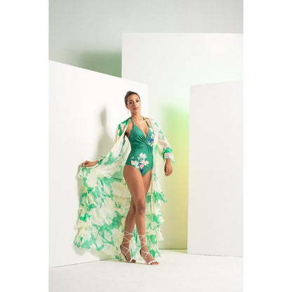 MANDIRA WIRK Green Bee Vibes Body Suit With Chiffon Long Cape (Set of 2)