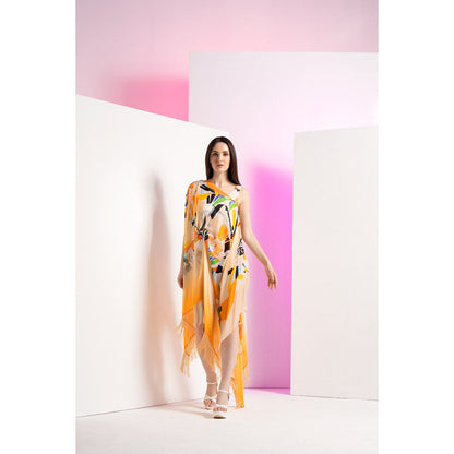 MANDIRA WIRK Chrome Corn Husk Metal Ring Detail Body Suit Along With A Cape (Set of 2)