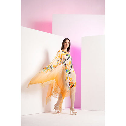 MANDIRA WIRK Chrome Corn Husk Metal Ring Detail Body Suit Along With A Cape (Set of 2)