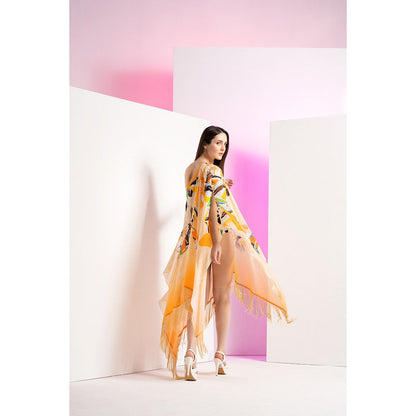 MANDIRA WIRK Chrome Corn Husk Metal Ring Detail Body Suit Along With A Cape (Set of 2)