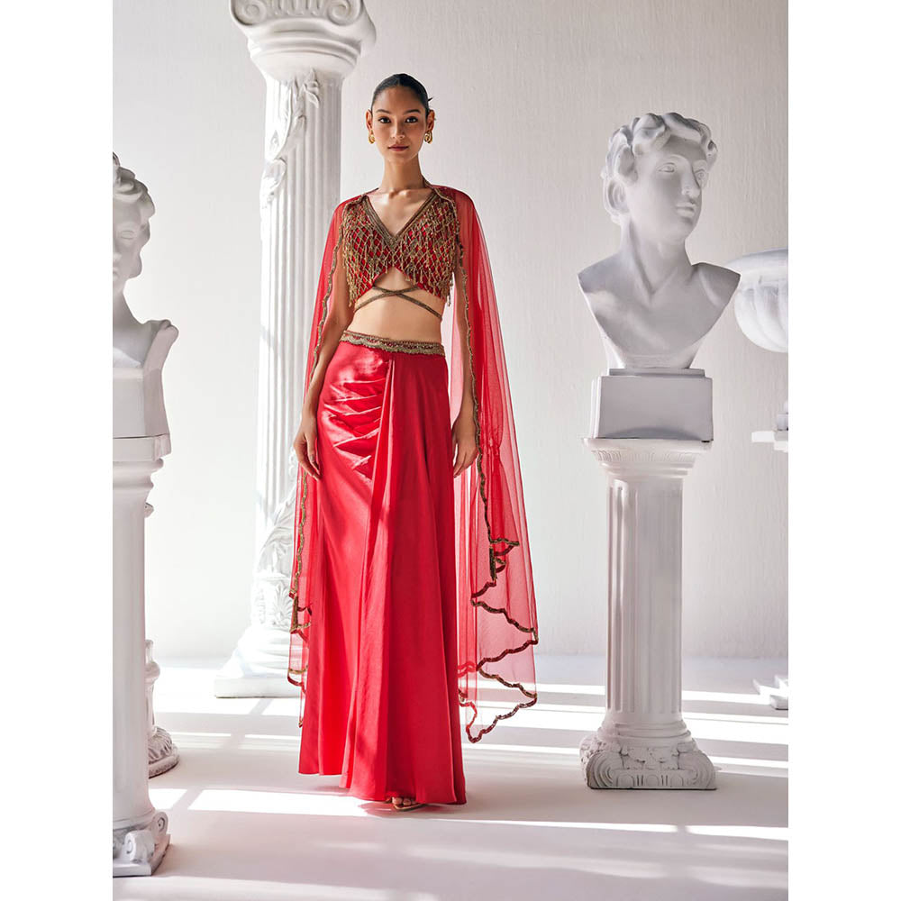 MANDIRA WIRK Red Fusion Style Top with Skirt (Set of 4)