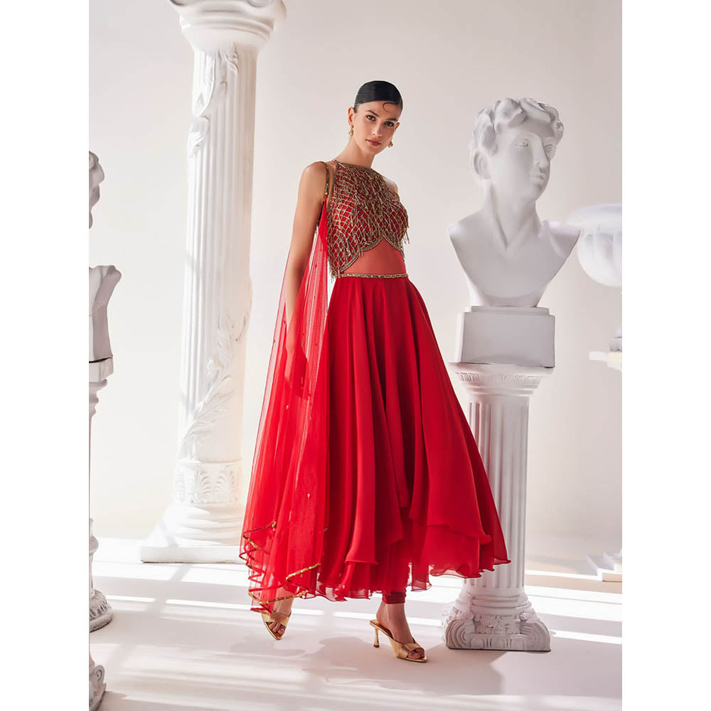 MANDIRA WIRK Red Anarkali Churidar with Dupatta (Set of 3)