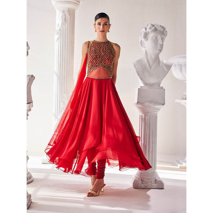 MANDIRA WIRK Red Anarkali Churidar with Dupatta (Set of 3)