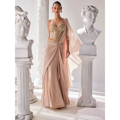 MANDIRA WIRK Golden Cream Saree with Stitched Blouse