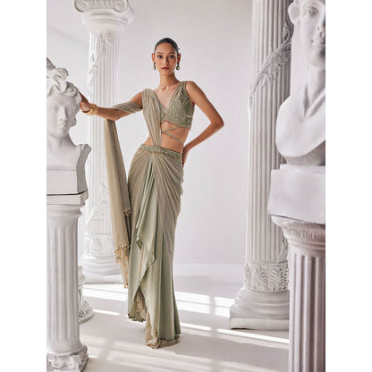 MANDIRA WIRK Jade Green Saree with Stitched Blouse and Belt