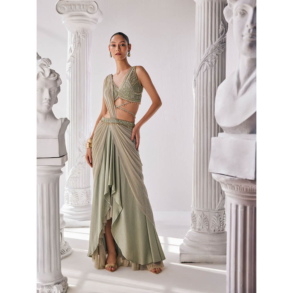 MANDIRA WIRK Jade Green Saree with Stitched Blouse and Belt