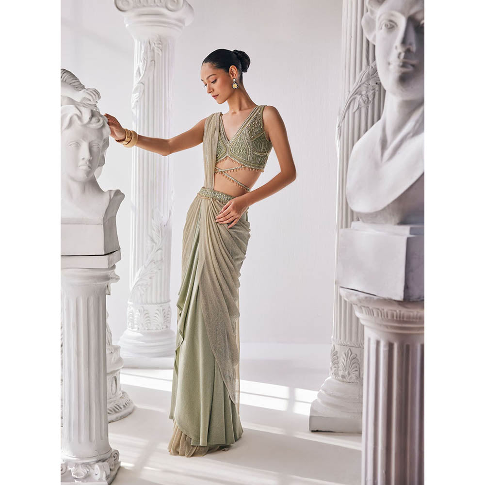 MANDIRA WIRK Jade Green Saree with Stitched Blouse and Belt