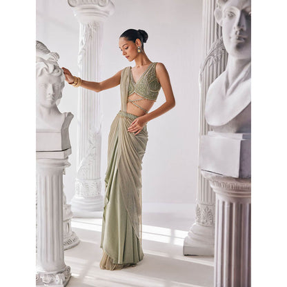 MANDIRA WIRK Jade Green Saree with Stitched Blouse and Belt