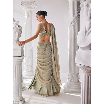 MANDIRA WIRK Jade Green Saree with Stitched Blouse and Belt