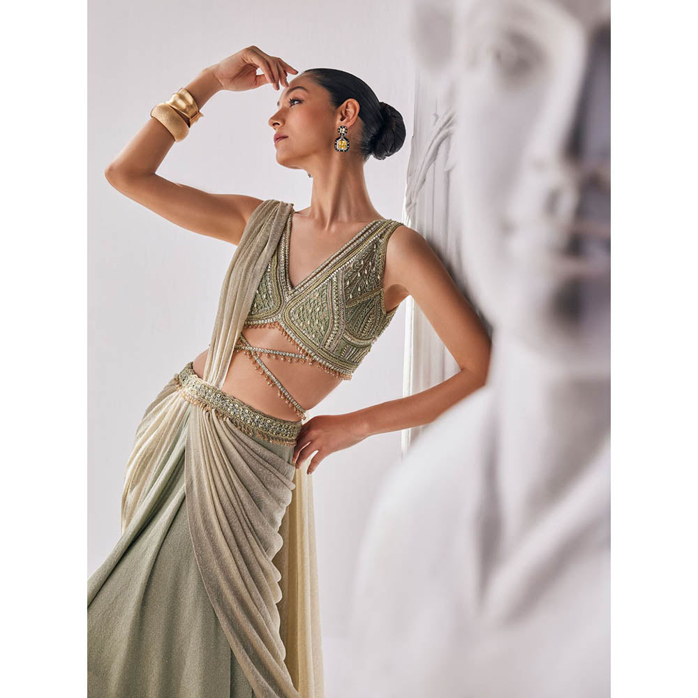 MANDIRA WIRK Jade Green Saree with Stitched Blouse and Belt