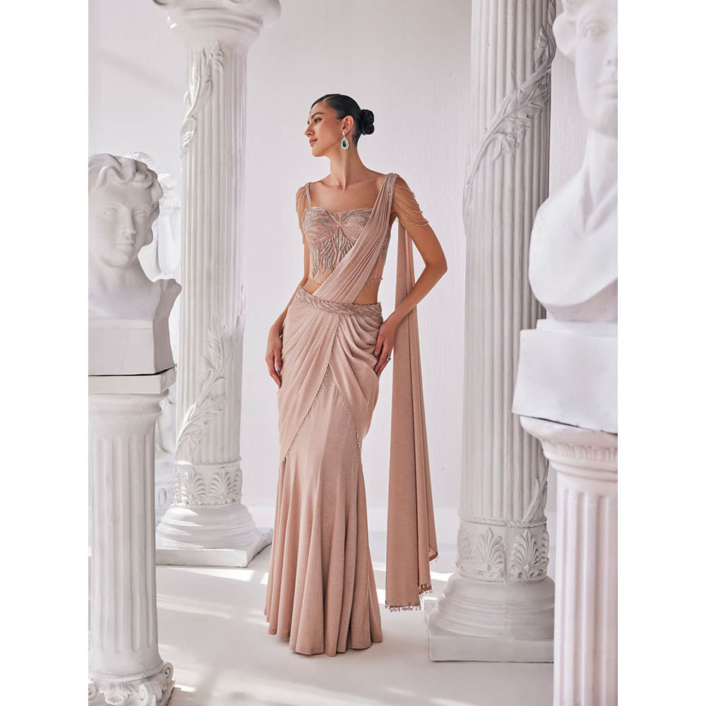 MANDIRA WIRK Peach Saree with Stitched Blouse and Belt