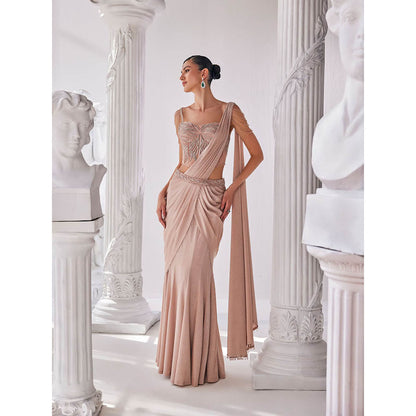 MANDIRA WIRK Peach Saree with Stitched Blouse and Belt