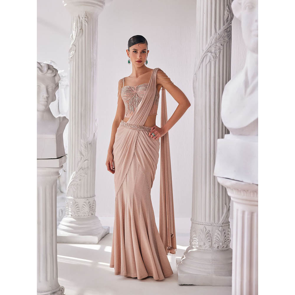 MANDIRA WIRK Peach Saree with Stitched Blouse and Belt