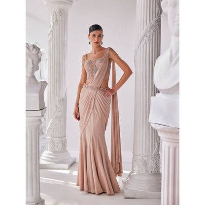 MANDIRA WIRK Peach Saree with Stitched Blouse and Belt