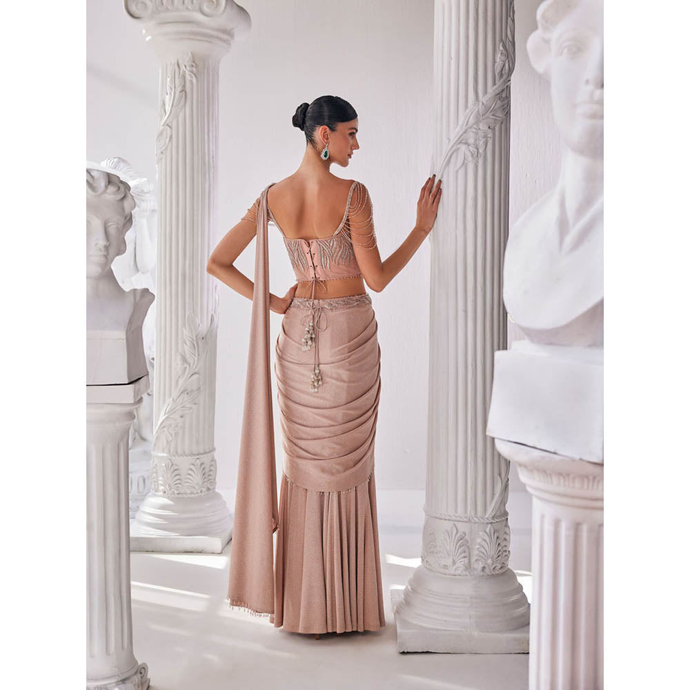 MANDIRA WIRK Peach Saree with Stitched Blouse and Belt