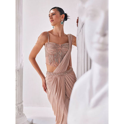 MANDIRA WIRK Peach Saree with Stitched Blouse and Belt