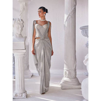 MANDIRA WIRK Silver Saree with Stitched Blouse and Belt