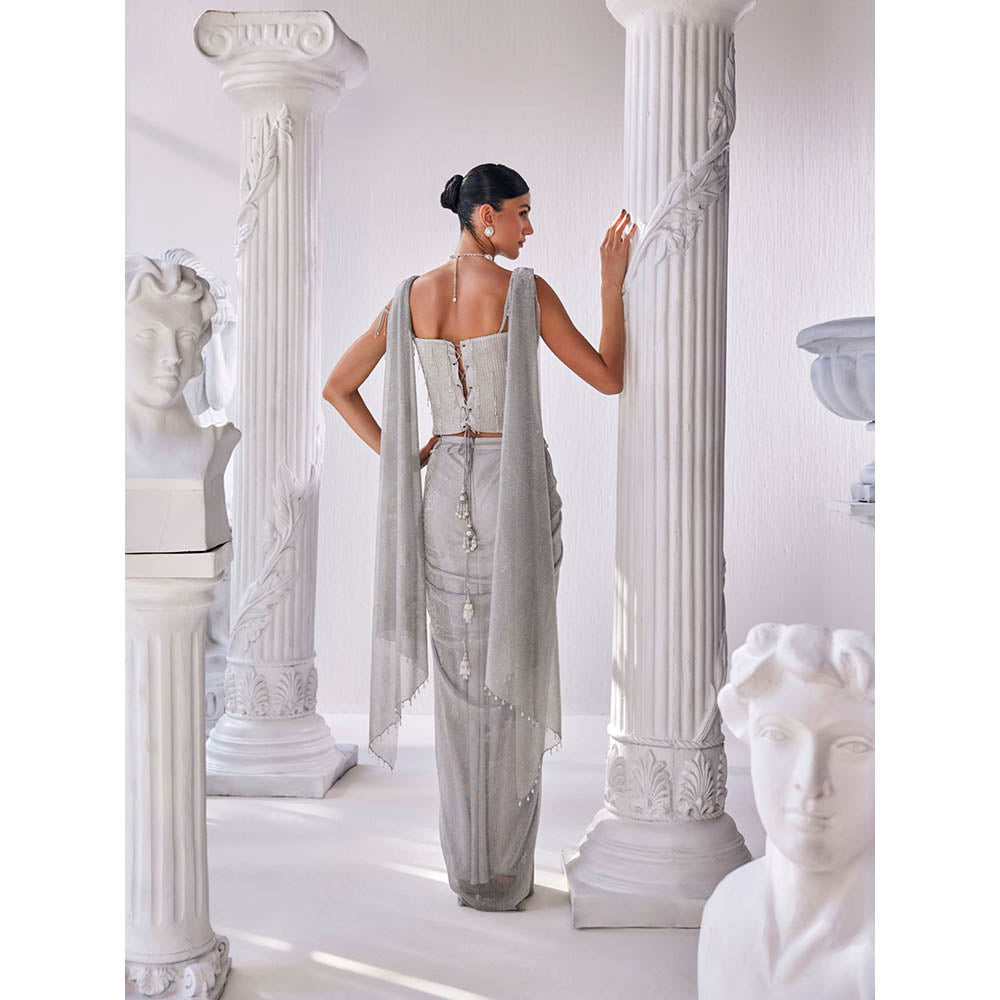 MANDIRA WIRK Silver Saree with Stitched Blouse and Belt