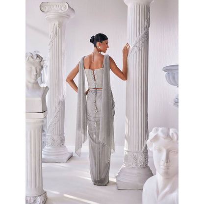 MANDIRA WIRK Silver Saree with Stitched Blouse and Belt