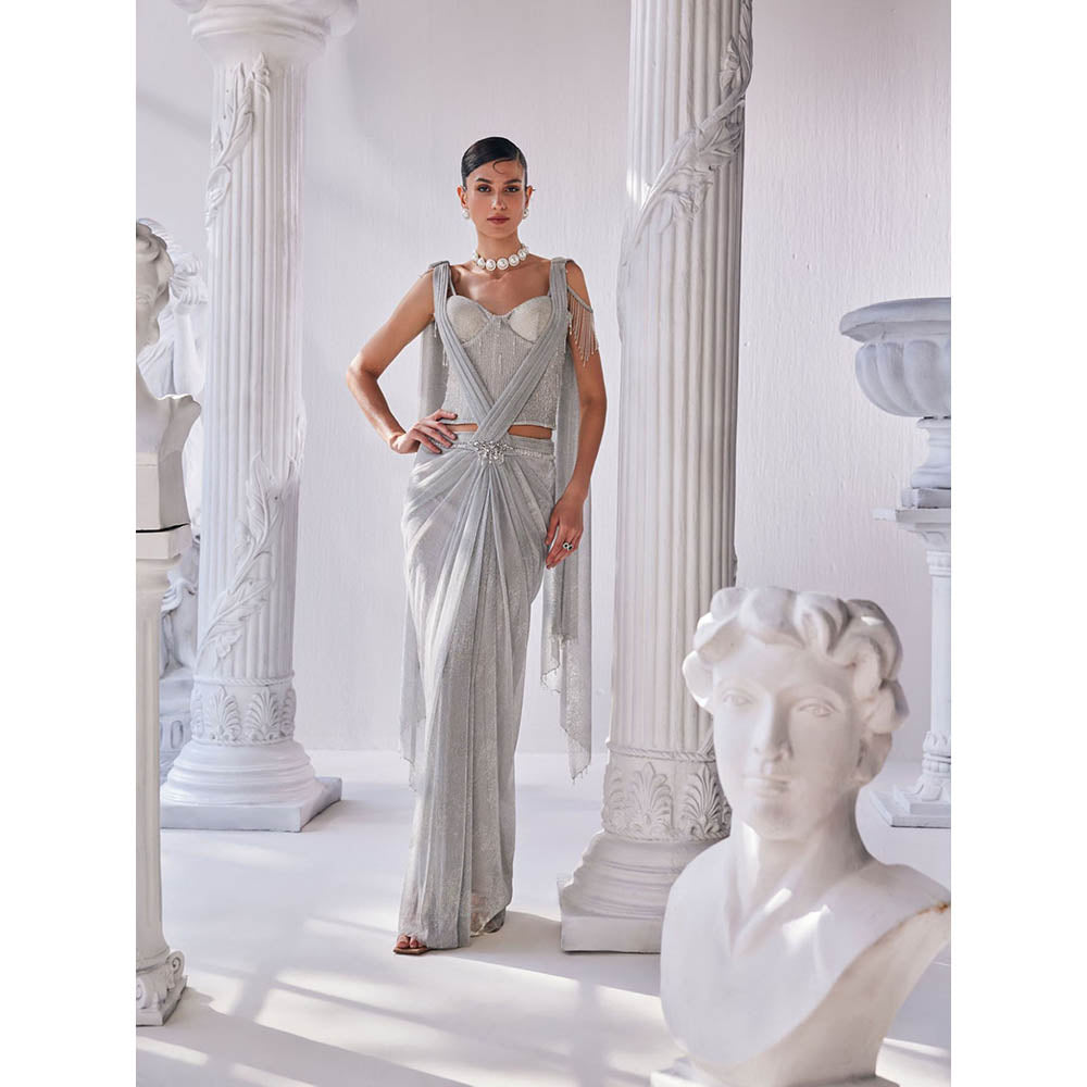 MANDIRA WIRK Silver Saree with Stitched Blouse and Belt