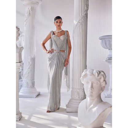 MANDIRA WIRK Silver Saree with Stitched Blouse and Belt