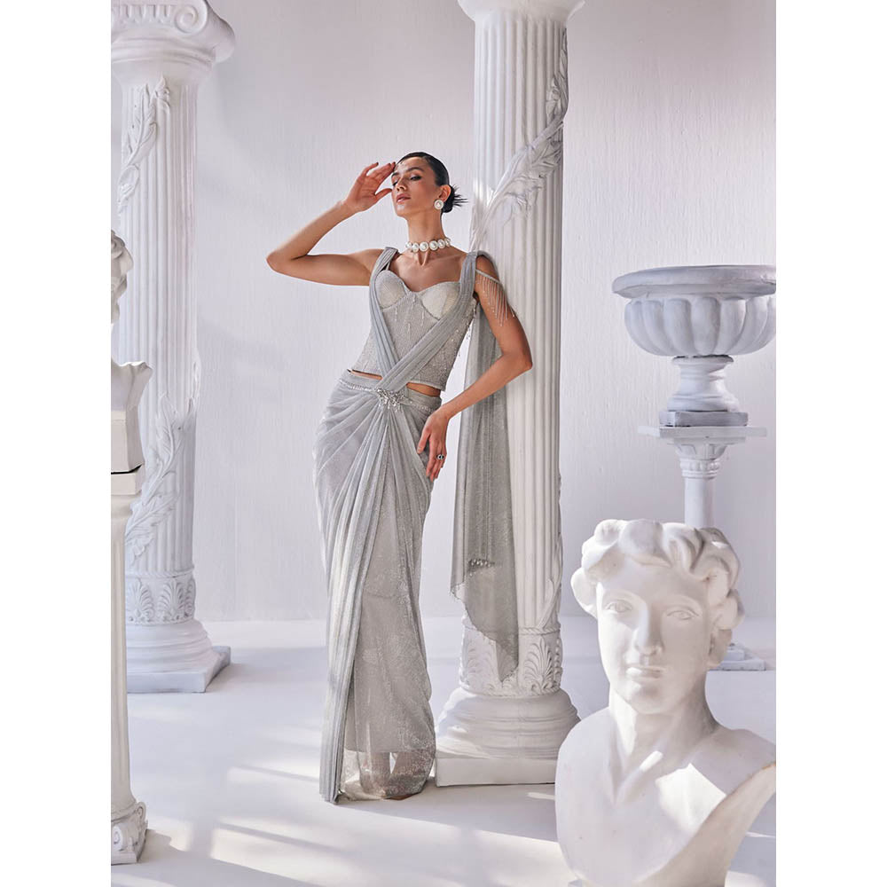 MANDIRA WIRK Silver Saree with Stitched Blouse and Belt