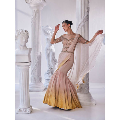 MANDIRA WIRK Peach and Gold Draped Gown with Attached Dupatta