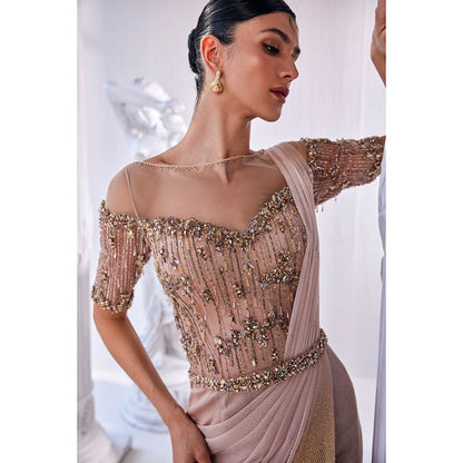 MANDIRA WIRK Peach and Gold Draped Gown with Attached Dupatta